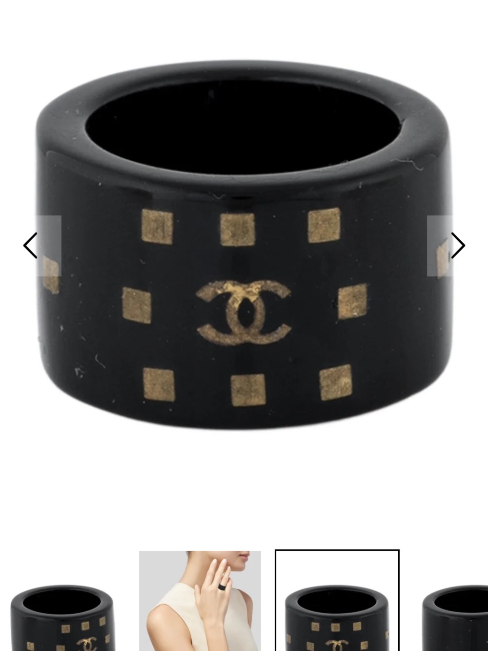 Vintage CHANEL Black Resin Wide Band Ring with Gold CC Squares